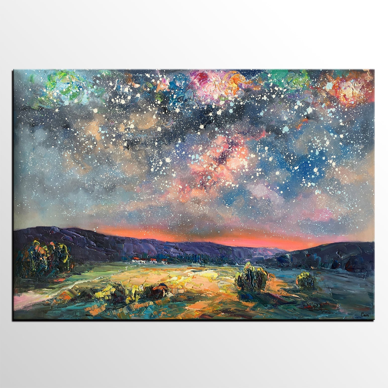 Abstract Landscape Painting, Starry Night Sky Painting, Heavy Texture Painting, Impasto Painting, Custom Wall Art Paintings for Living Room-HomePaintingDecor