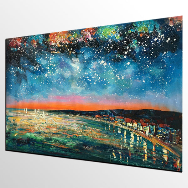 Landscape Painting, Starry Night Oil Painting, Original Wall Art, Custom Large Canvas Art-HomePaintingDecor