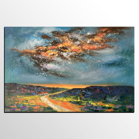 Landscape Oil Paintings, Starry Night Sky Painting, Custom Canvas Artwork, Original Oil Painting on Canvas, Buy Paintings Online-HomePaintingDecor