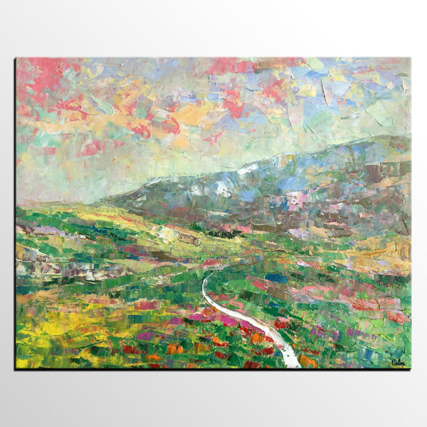 Mountain Landscape Painting, Palette Knife Paintings, Custom Wall Art Painting on Canvas, Spring Mountain Painting-HomePaintingDecor