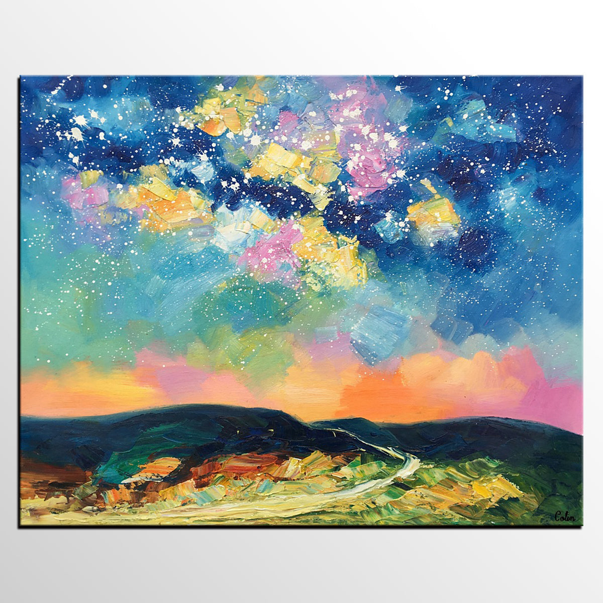 Abstract Landscape Painting, Starry Night Sky Painting, Heavy Texture Painting, Custom Canvas Painting for Sale, Large Painting for Bedroom-HomePaintingDecor