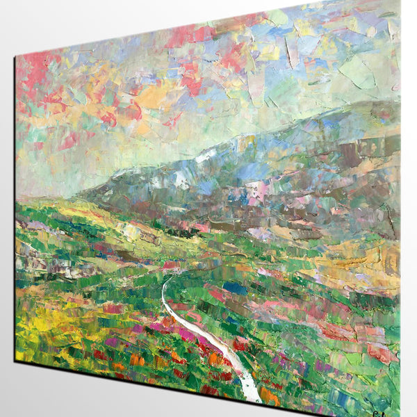 Mountain Landscape Painting, Palette Knife Paintings, Custom Wall Art Painting on Canvas, Spring Mountain Painting-HomePaintingDecor