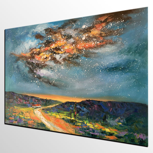 Landscape Oil Paintings, Starry Night Sky Painting, Custom Canvas Artwork, Original Oil Painting on Canvas, Buy Paintings Online-HomePaintingDecor