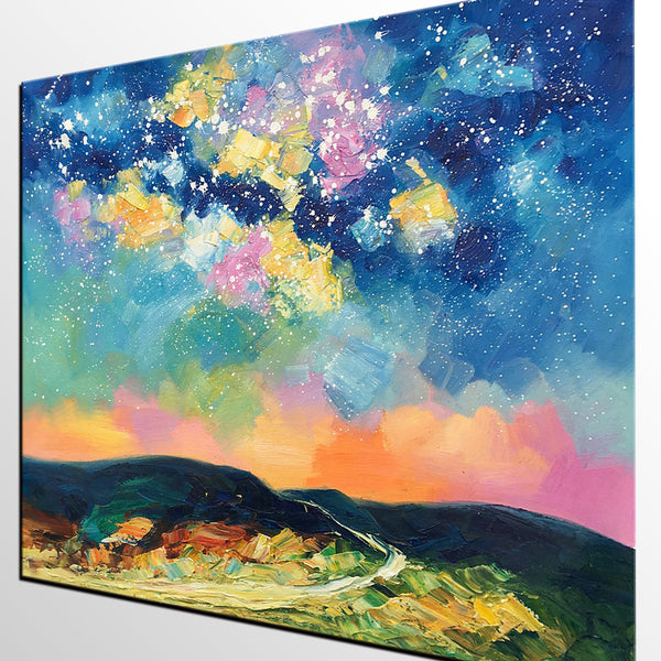 Abstract Landscape Painting, Starry Night Sky Painting, Heavy Texture Painting, Custom Canvas Painting for Sale, Large Painting for Bedroom-HomePaintingDecor