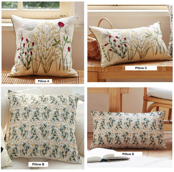 Decorative Pillows for Couch, Farmhouse Decorative Pillows for Sofa, Embroider Flower Cotton Pillow Covers, Spring Flower Decorative Pillows for Bedroom-HomePaintingDecor