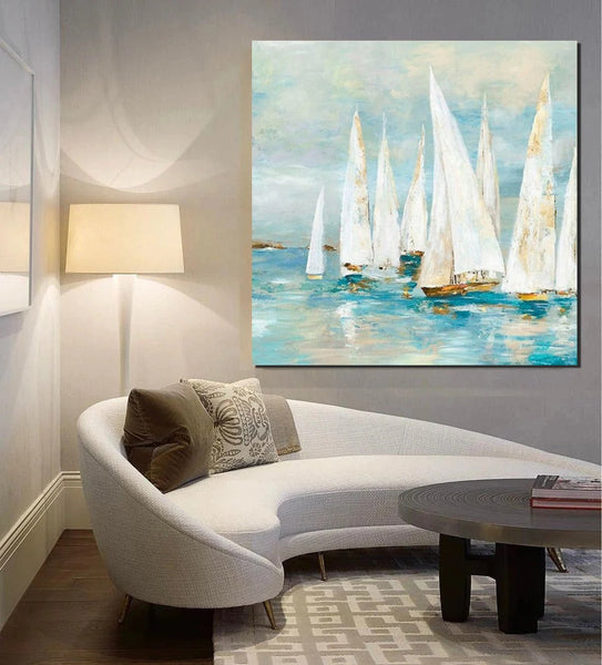 Sail Boat Painting, Hand Painted Abstract Painting, Abstract Landscape Painting, Extra Large Abstract Paintings on Canvas, Bedroom Wall Art Ideas-HomePaintingDecor