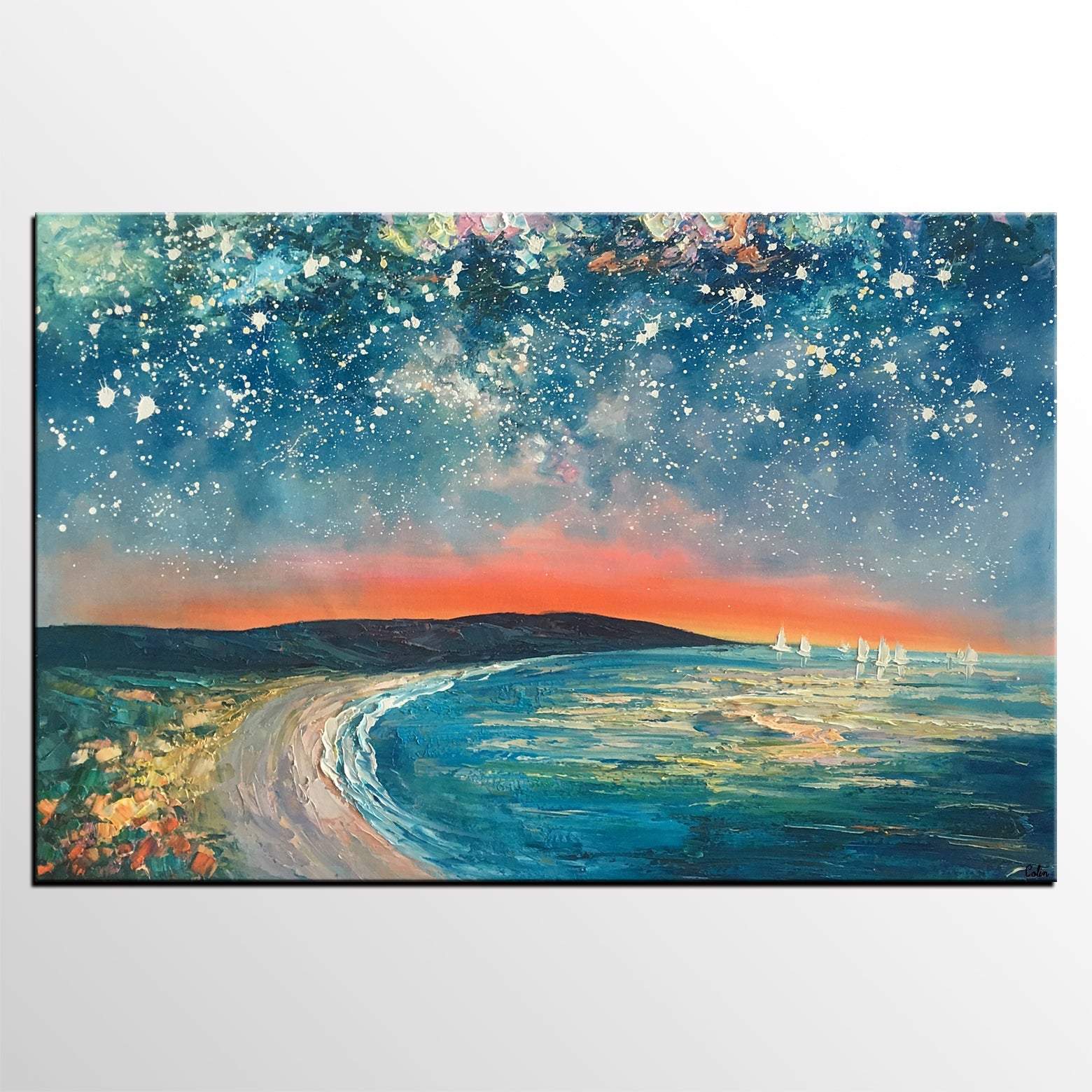 Starry Night Sky Seashore Painting, Abstract Art Painting, Canvas Oil Painting, Heavy Texture Art, Bedroom Wall Art, Landscape Painting, Large Art, Original Art-HomePaintingDecor