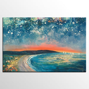 Starry Night Sky Seashore Painting, Abstract Art Painting, Canvas Oil Painting, Heavy Texture Art, Bedroom Wall Art, Landscape Painting, Large Art, Original Art-HomePaintingDecor