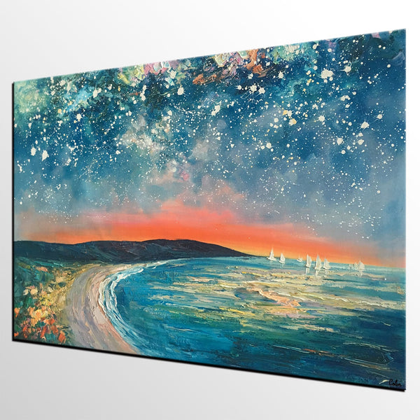 Starry Night Sky Seashore Painting, Abstract Art Painting, Canvas Oil Painting, Heavy Texture Art, Bedroom Wall Art, Landscape Painting, Large Art, Original Art-HomePaintingDecor