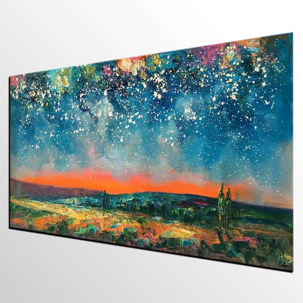 Original Landscape Painting, Starry Night Sky Painting, Bedroom Wall Art Paintings, Custom Original Painting for Sale-HomePaintingDecor