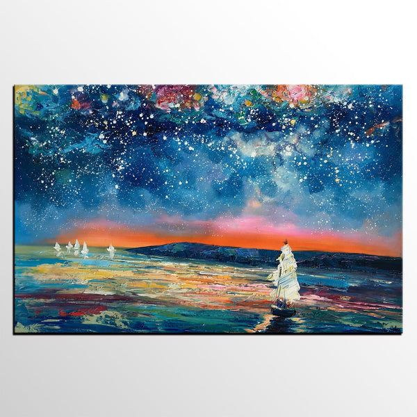 Canvas Painting, Abstract Art for Sale, Sail Boat under Starry Night Sky Painting, Custom Art, Buy Art Online-HomePaintingDecor