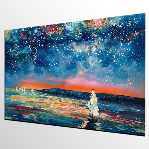 Canvas Painting, Abstract Art for Sale, Sail Boat under Starry Night Sky Painting, Custom Art, Buy Art Online-HomePaintingDecor