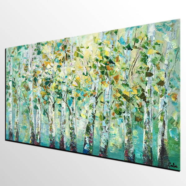 Birch Tree Painting, Abstract Autumn Painting, Heavy Texture Painting, Custom Landscape Painting-HomePaintingDecor