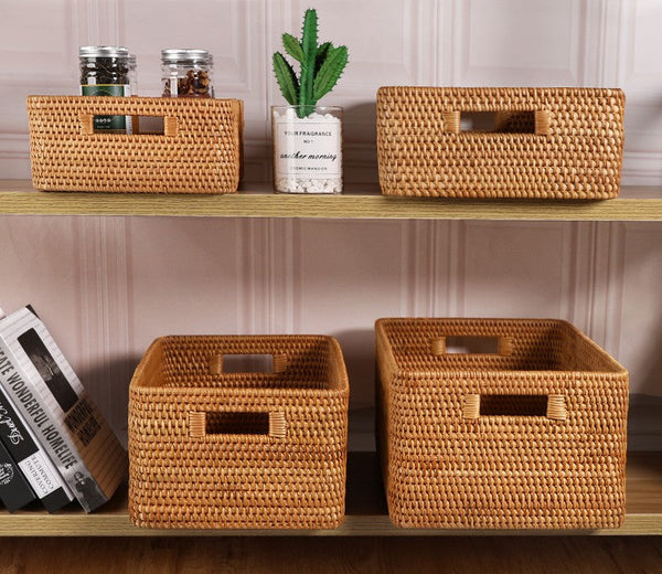 Woven Rattan Storage Baskets for Bedroom, Storage Basket for Shelves, Large Rectangular Storage Baskets for Clothes, Storage Baskets for Kitchen-HomePaintingDecor