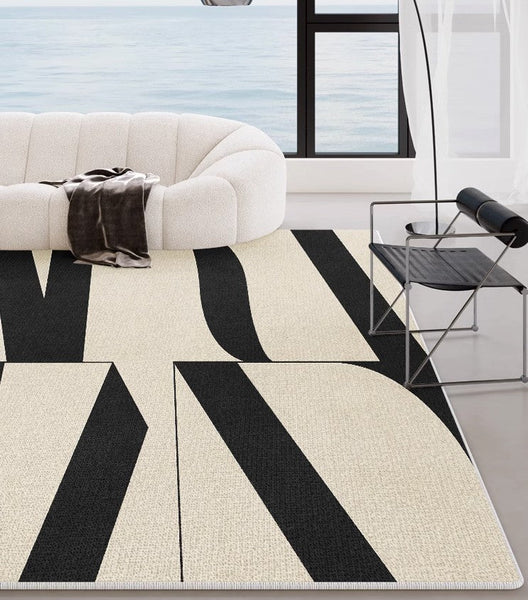 Ultra Modern Rugs for Living Room, Geometric Contemporary Rugs Next to Bed, Black Contemporary Modern Rugs, Modern Rugs for Dining Room-HomePaintingDecor