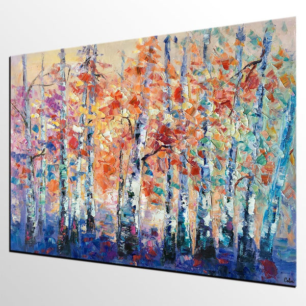 Palette Knife Paintings, Autumn Tree Landscape Paintings, Custom Canvas Painting for Dining Room, Landscape Canvas Paintings, Heavy Texture Painting-HomePaintingDecor