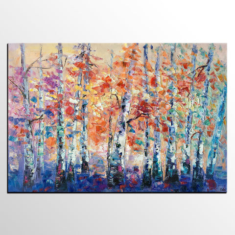 Palette Knife Paintings, Autumn Tree Landscape Paintings, Custom Canvas Painting for Dining Room, Landscape Canvas Paintings, Heavy Texture Painting-HomePaintingDecor