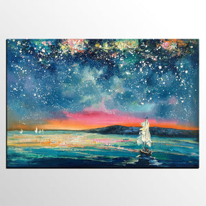 Landscape Oil Paintings, Sail Boat under Starry Night Sky Painting, Landscape Canvas Paintings, Custom Landscape Wall Art Paintings for Living Room-HomePaintingDecor