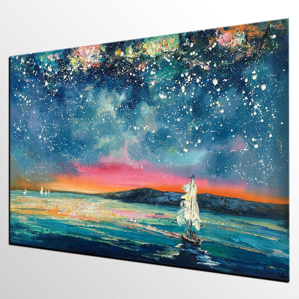 Landscape Oil Paintings, Sail Boat under Starry Night Sky Painting, Landscape Canvas Paintings, Custom Landscape Wall Art Paintings for Living Room-HomePaintingDecor