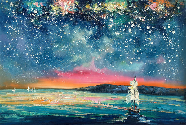 Landscape Oil Paintings, Sail Boat under Starry Night Sky Painting, Landscape Canvas Paintings, Custom Landscape Wall Art Paintings for Living Room-HomePaintingDecor