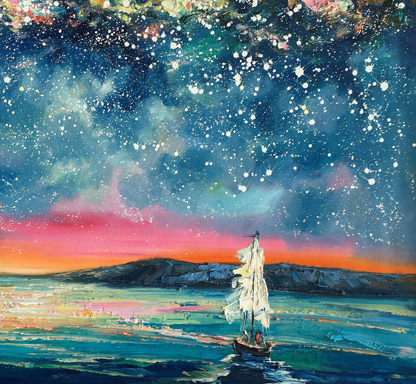 Landscape Oil Paintings, Sail Boat under Starry Night Sky Painting, Landscape Canvas Paintings, Custom Landscape Wall Art Paintings for Living Room-HomePaintingDecor