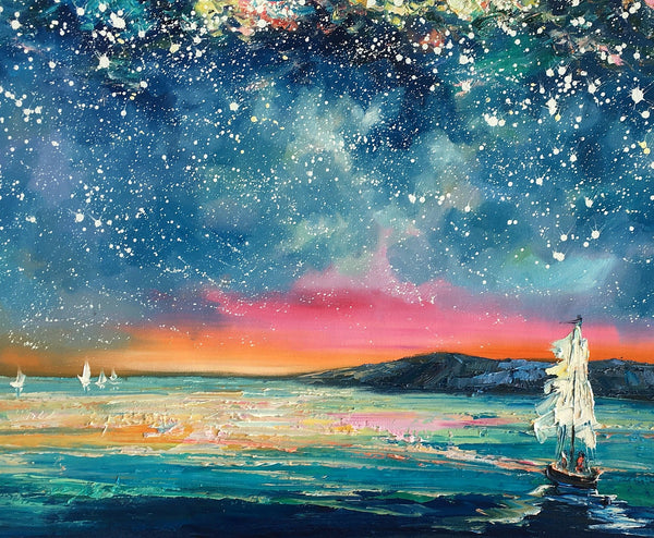 Landscape Oil Paintings, Sail Boat under Starry Night Sky Painting, Landscape Canvas Paintings, Custom Landscape Wall Art Paintings for Living Room-HomePaintingDecor