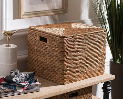 Large Storage Baskets for Clothes, Laundry Woven Baskets, Rattan Storage Baskets for Shelves, Kitchen Storage Baskets, Rectangular Storage Basket with Lid-HomePaintingDecor