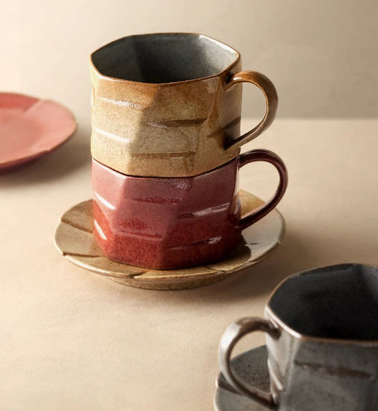 Modern Handmade Pottery Coffee Cup, Creative Ceramic Coffee Cup with Saucer, Unique Tea Cup and Saucer, Tea Cup Set for Afternoon Tea-HomePaintingDecor