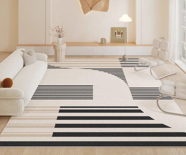 Modern Rugs for Dining Room, Contemporary Modern Rugs, Modern Rugs for Living Room, Black Stripe Abstract Contemporary Rugs Next to Bed-HomePaintingDecor