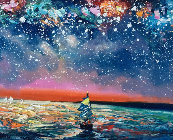 Bedroom Canvas Art, Landscape Painting, Boat under Starry Night Sky Painting, Custom Large Painting-HomePaintingDecor