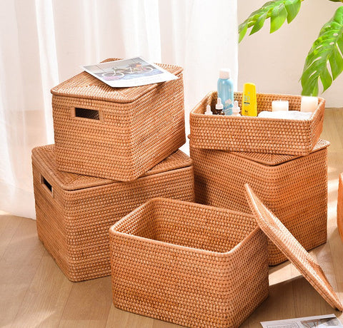 Rectangular Storage Basket with Lid, Rattan Basket, Storage Basket for Shelves, Storage Baskets for Bathroom, Bedroom Storage Baskets-HomePaintingDecor