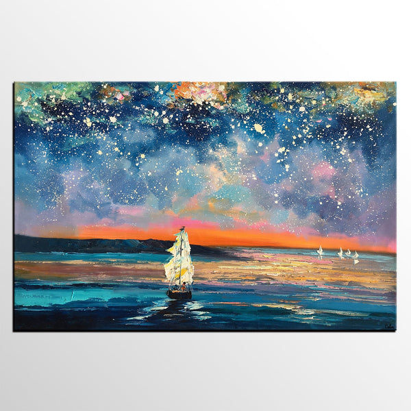 Landscape Canvas Painting, Large Canvas Wall Art, Starry Night Sky Painting, Custom Canvas Painting for Bedroom-HomePaintingDecor