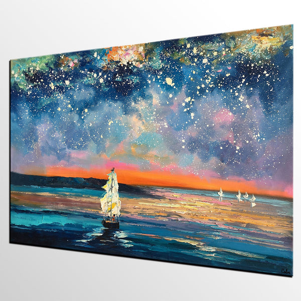 Landscape Canvas Painting, Large Canvas Wall Art, Starry Night Sky Painting, Custom Canvas Painting for Bedroom-HomePaintingDecor