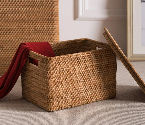 Laundry Storage Baskets for Bathroom, Rectangular Storage Baskets for Clothes, Wicker Storage Baskets for Shelves, Rattan Storage Baskets for Kitchen, Storage Basket with Lid-HomePaintingDecor