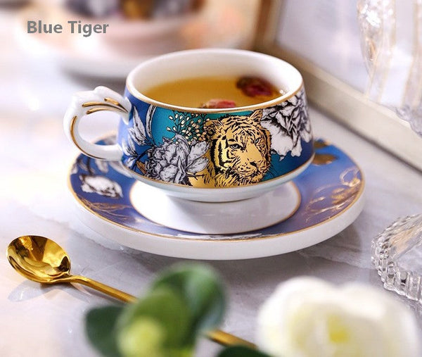 Creative Ceramic Tea Cups and Saucers, Jungle Tiger Cheetah Porcelain Coffee Cups, Unique Ceramic Cups with Gold Trim and Gift Box-HomePaintingDecor