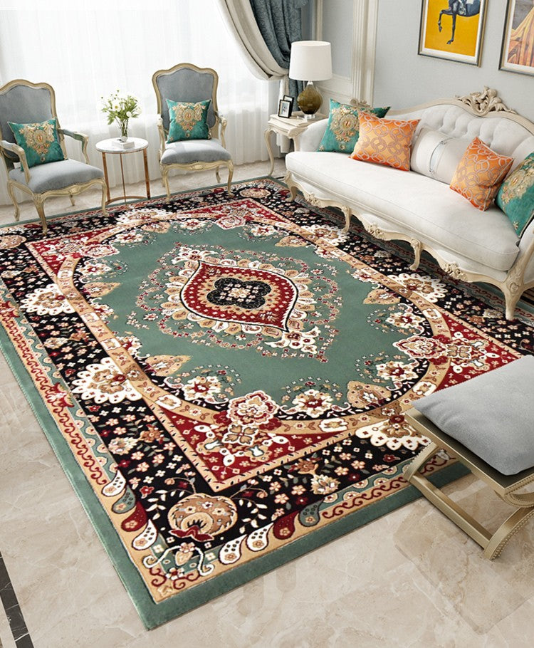 Large Oriental Floor Carpets under Dining Room Table, Luxury Thick and Soft Green Rugs for Living Room, Large Royal Flower Pattern Floor Rugs in Bedroom-HomePaintingDecor