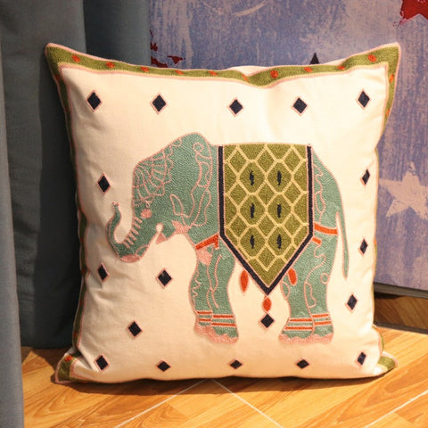 Elephant Embroider Cotton Pillow Covers, Farmhouse Decorative Sofa Pillows, Cotton Decorative Pillows, Decorative Throw Pillows for Couch-HomePaintingDecor