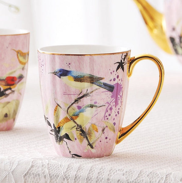 Elegant Pink Ceramic Coffee Mug, Beautiful Bird Flower Ceramic Mug, Large Creative Bone China Porcelain Mug, Large Capacity Ceramic Mugs for Office-HomePaintingDecor