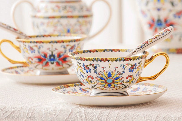 Bohemia Ceramic Coffee Cups, Creative Ceramic Cups, China Porcelain Tea Cup Set, Unique Afternoon Tea Cups and Saucers-HomePaintingDecor