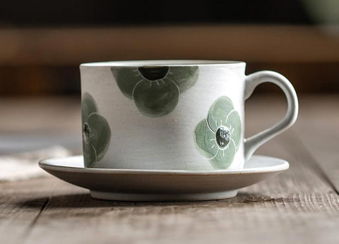 Cappuccino Coffee Cup, Spring Flower Coffee Cup, Rustic Tea Cup, Pottery Coffee Cups, Coffee Cup and Saucer Set-HomePaintingDecor