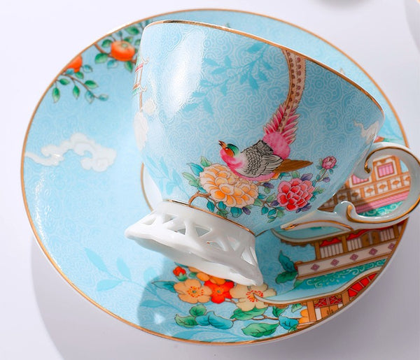 Elegant Oriental Pheasant Ceramic Cups, Beautiful Bird Pattern Tea Cups, Creative Bone China Porcelain Tea Cup Set, Unique Tea Cups and Saucers in Gift Box-HomePaintingDecor