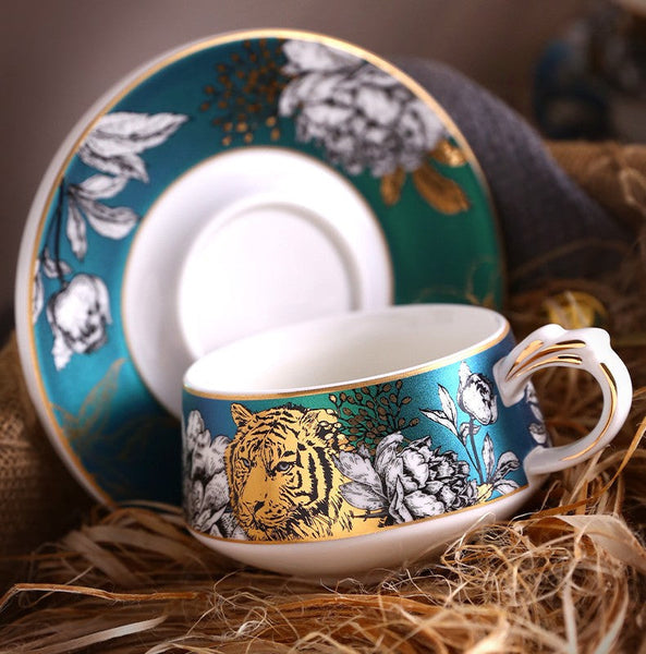 Jungle Tiger Cheetah Porcelain Tea Cups, Creative Ceramic Cups and Saucers, Unique Ceramic Coffee Cups with Gold Trim and Gift Box-HomePaintingDecor