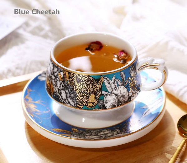 Jungle Tiger Cheetah Porcelain Tea Cups, Creative Ceramic Cups and Saucers, Unique Ceramic Coffee Cups with Gold Trim and Gift Box-HomePaintingDecor