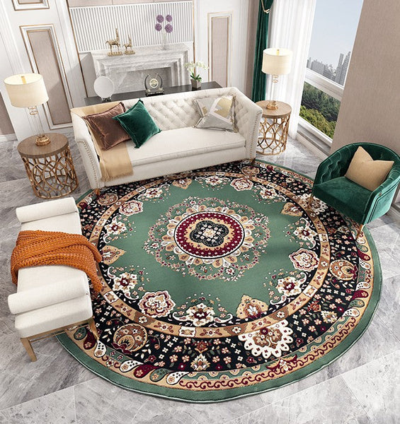 Large Modern Rugs under Piano, Royal Round Rugs in Living Room, Luxury Green Round Rugs under Coffee Table, Large Floor Carpets in Bedroom-HomePaintingDecor