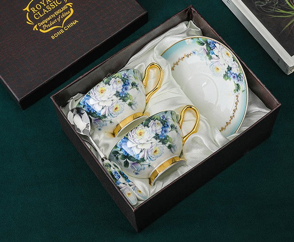 Elegant British Ceramic Coffee Cups, Unique Tea Cup and Saucer in Gift Box, Royal Bone China Porcelain Tea Cup Set, Rose Flower Pattern Ceramic Cups-HomePaintingDecor