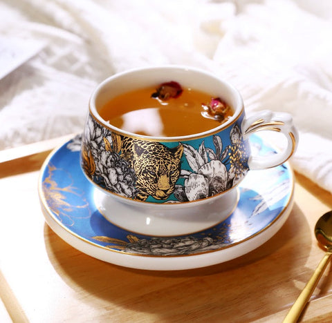 Creative Ceramic Tea Cups and Saucers, Jungle Tiger Cheetah Porcelain Coffee Cups, Unique Ceramic Cups with Gold Trim and Gift Box-HomePaintingDecor