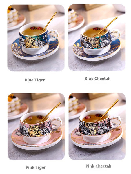 Jungle Tiger Cheetah Porcelain Tea Cups, Creative Ceramic Cups and Saucers, Unique Ceramic Coffee Cups with Gold Trim and Gift Box-HomePaintingDecor