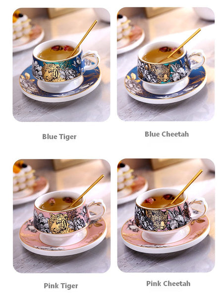 Creative Ceramic Tea Cups and Saucers, Jungle Tiger Cheetah Porcelain Coffee Cups, Unique Ceramic Cups with Gold Trim and Gift Box-HomePaintingDecor