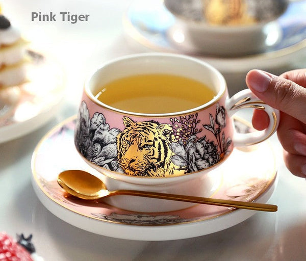 Jungle Tiger Cheetah Porcelain Tea Cups, Creative Ceramic Cups and Saucers, Unique Ceramic Coffee Cups with Gold Trim and Gift Box-HomePaintingDecor