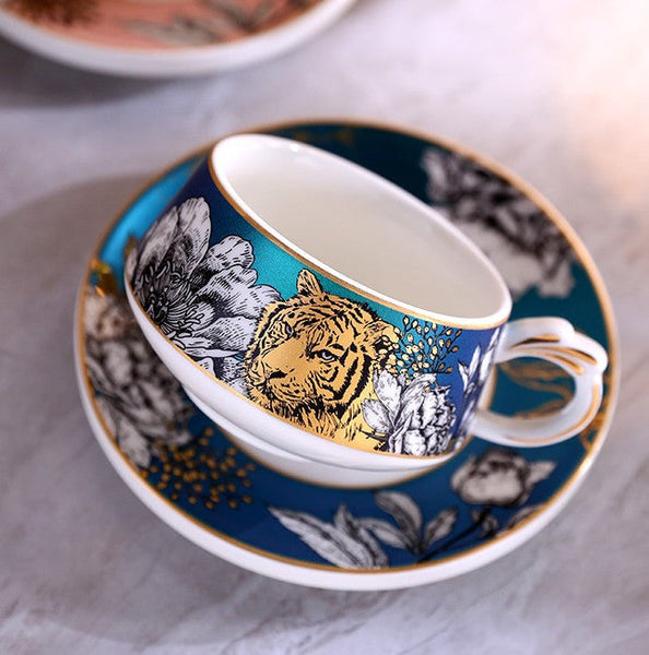 Jungle Tiger Cheetah Porcelain Tea Cups, Creative Ceramic Cups and Saucers, Unique Ceramic Coffee Cups with Gold Trim and Gift Box-HomePaintingDecor